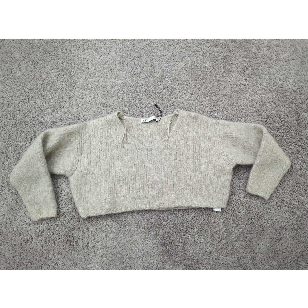 Zara Sweater Womens Small Beige Pullover 3/4 Sleeve Cropped Oversized Wool Blend
